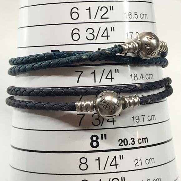 Pandora ALE 925 Sterling Silver Round Clasp Braided Leather Double Bracelet Set - Picture 2 of 9